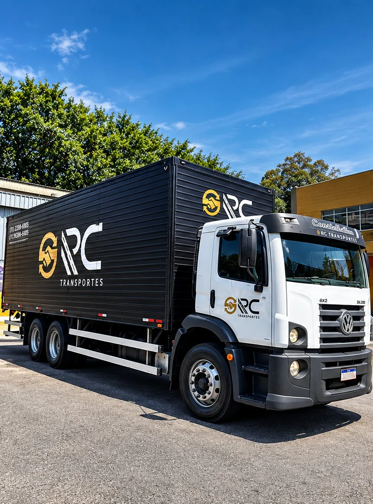Caminhão baú da frota própria da RC Transportes com o logotipo na cabine e no baú